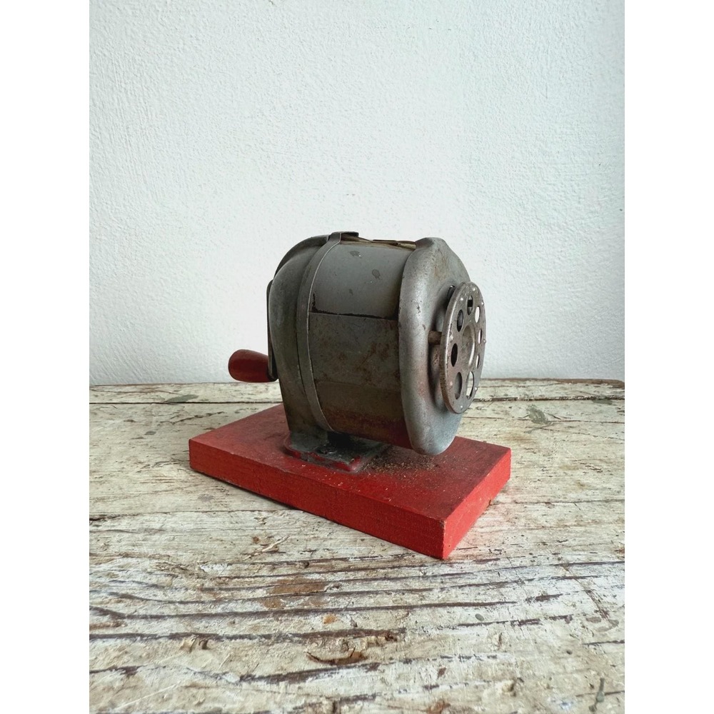 Vintage Pencil Sharpener on Wooden Base Metal Red Manual Desk Accessory - Picture 4 of 9